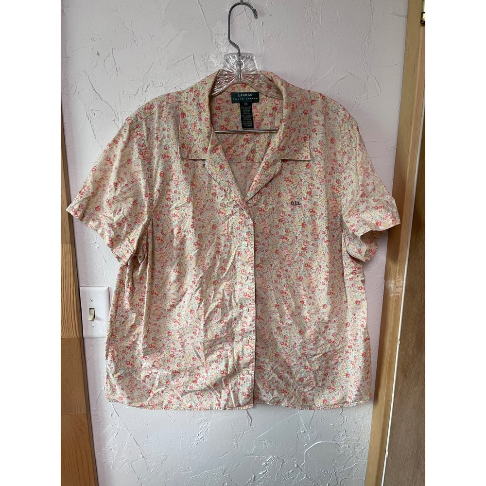 VTG Lauren Ralph Lauren Floral Cotton Button Down Shirt Pink Yellow Plus 2X